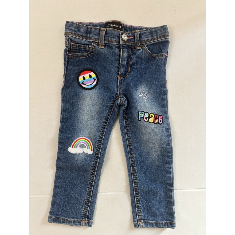 Jordache Little Girl‎ Skinny Jeans Adjustable Waist Rainbow, Peace  Patches 2t